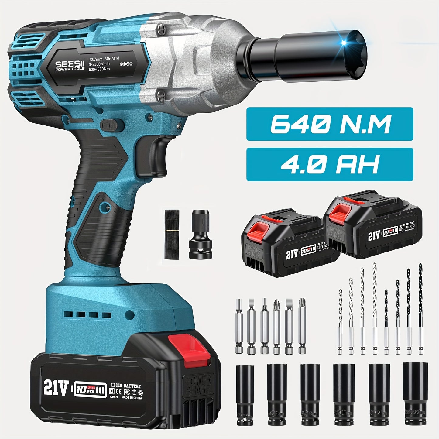 Slagschroevendraaier – Accu Slagschroevendraaier – Impact Wrench – Accuboormachine – Draadloze Slagschroevendraaier – 3300 RPM Brushless Motor – 2 x 4.0 Ah Lithium Batterijen