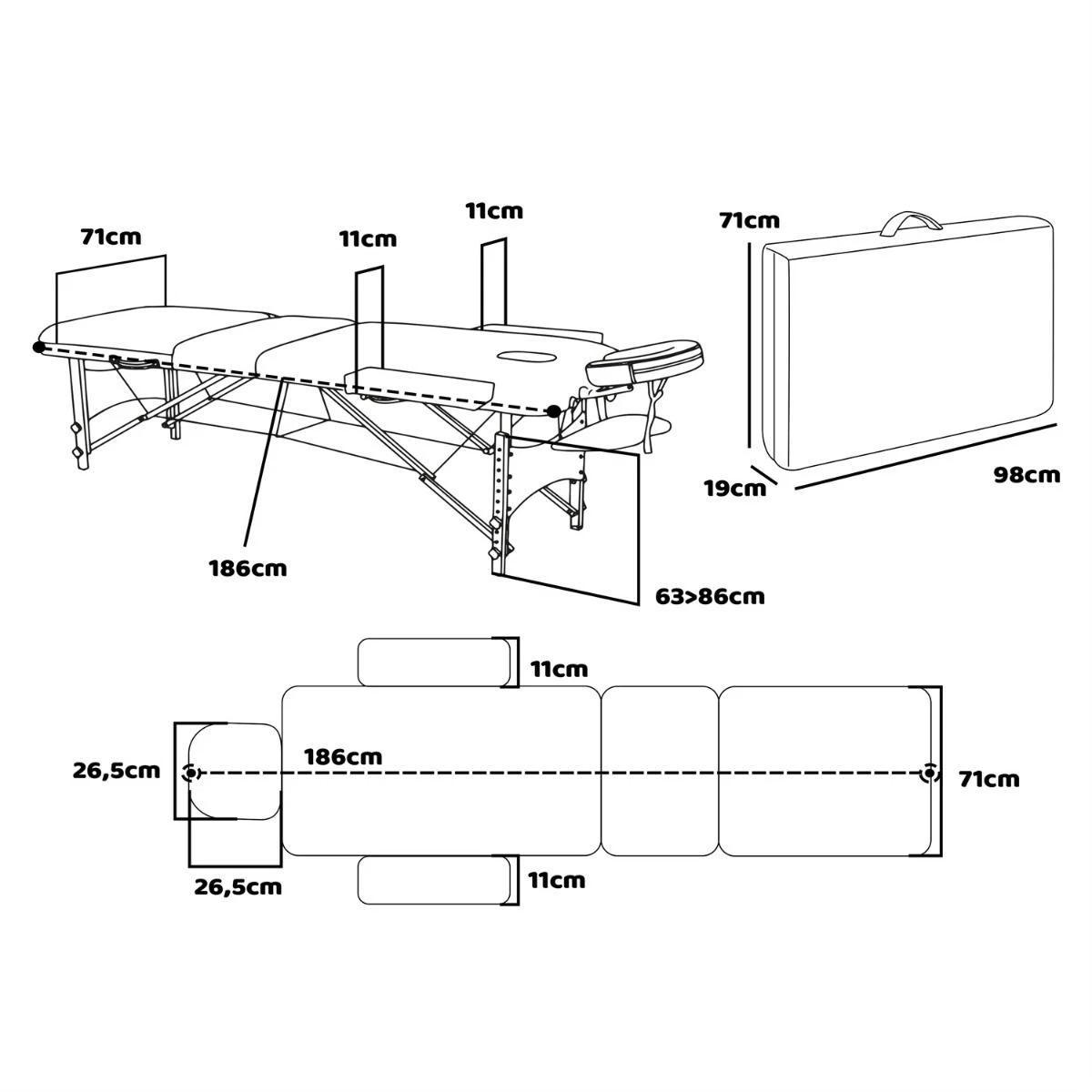Massagetafel – Behandelbank – Massagebed – Massagebank – Massagebank inklapbaar – Verstelbare Hoogte tot 86 cm – Zachte PU Bekleding met 5 cm Padding
