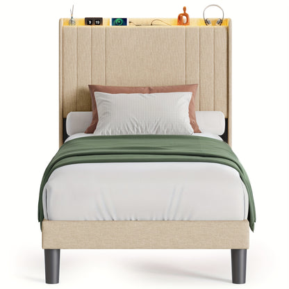 Eenpersoonsbed – Single Bed – Bedframe – Bedombouw – Slaapbed – 90x200 cm – Opbergruimte Hoofdeinde – Stil Geluid – 16 cm Opbergruimte Onderbed – Hout Metaal Mix – Eenvoudige Montage – Ruimtebesparend Design