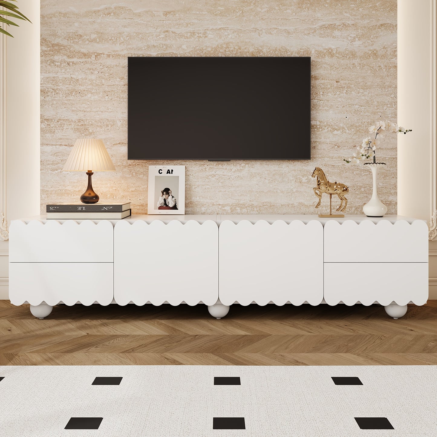 tv meubel – tv kast – tv stand – lowboard – media meubel – wit – modern geschulpte afwerking – bamboe materiaal – 4 lades – 2 kastdeuren – vloerstaand