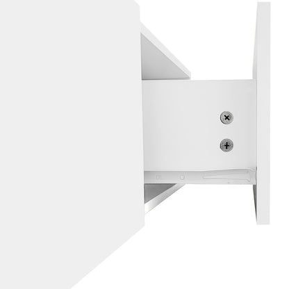 Contemporary TV Unit Design: Chic And Sophisticated, Functional Storage Options, Glossy White Finish, Wood Appearance, Glass Shelving.