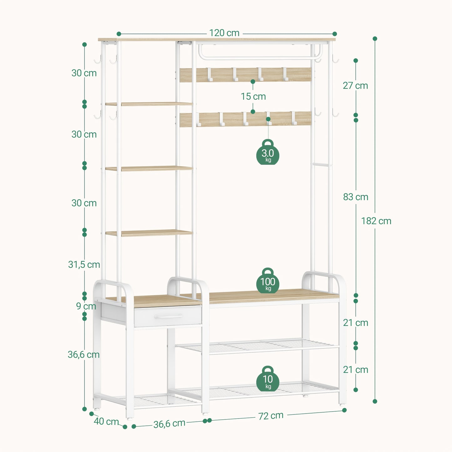 Kapstok – Schoenenrek – Garderobe – Kledinghanger – Schoenenbank – 5-in-1 Multifunctioneel – Stevig Metalen Frame – 182 cm Hoog