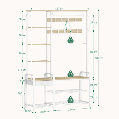 Kapstok – Jassenrek – Schoenenbank – Garderoberek – Wandkapstok – 5-in-1 Multifunctioneel – Stevig Metaal & Houten Platen – 120x40x182 cm – Draagvermogen 90 kg