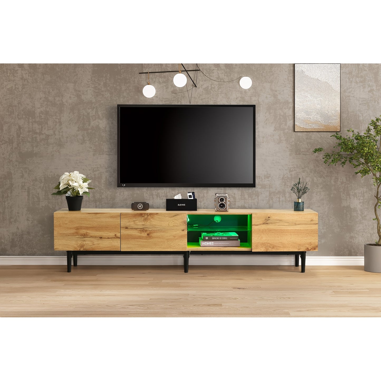 Tv Meubel – TV Kast – TV Dressoir – Media Meubel – Tv Stand – Modern Minimalistisch – Rotan Frame – 4 Deuren – Zwarte Metalen Poten – Eenvoudige Montage – Ruime Opbergruimte