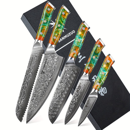 Damascus Messenset – Keukenmessen – Koksmes – Santokumes – Officemes – 5-Delig – Ultra Scherp Japans VG-10 Staal – Ergonomisch Hars Handvat Zonsopgang Rood