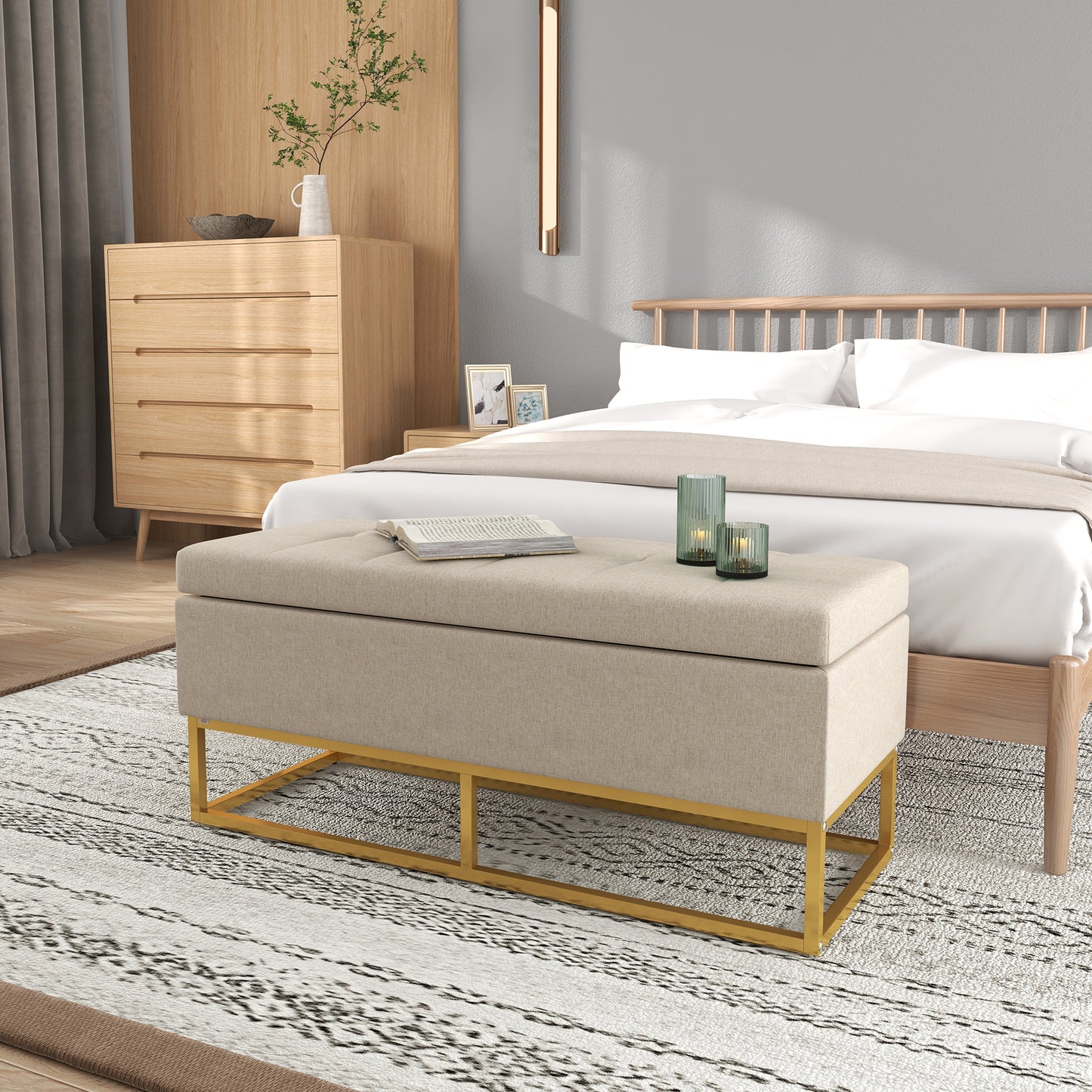 Opbergbank – Opbergbank – Zitkist – Bankje – Opbergbox – Beige Stoffering – Hoog draagvermogen 200 kg – Gouden Metalen Poten – 110x44x48 cm
