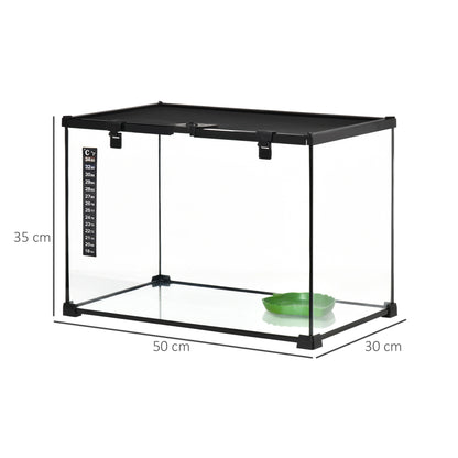 Terrarium – Reptiel Terrarium – Glas Terrarium – Reptielenkooi – Faunarium – Transparant Glas – Met Metalen Gaas – Inclusief Waterdistributeur en Thermometer – 50x30x35 cm