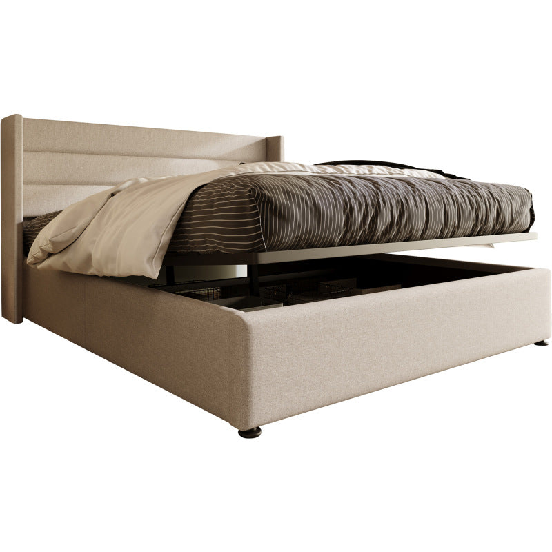 140x200cm Upholstered Hydraulic Storage Bed with Slatted Frame - Modern Retro Double Bed with Metal Frame & Beige Linen Fabric, Space-Saving Design, 181.44KG Weight Capacity, Easy-Clean Surface, No Box Spring Needed, Assembly