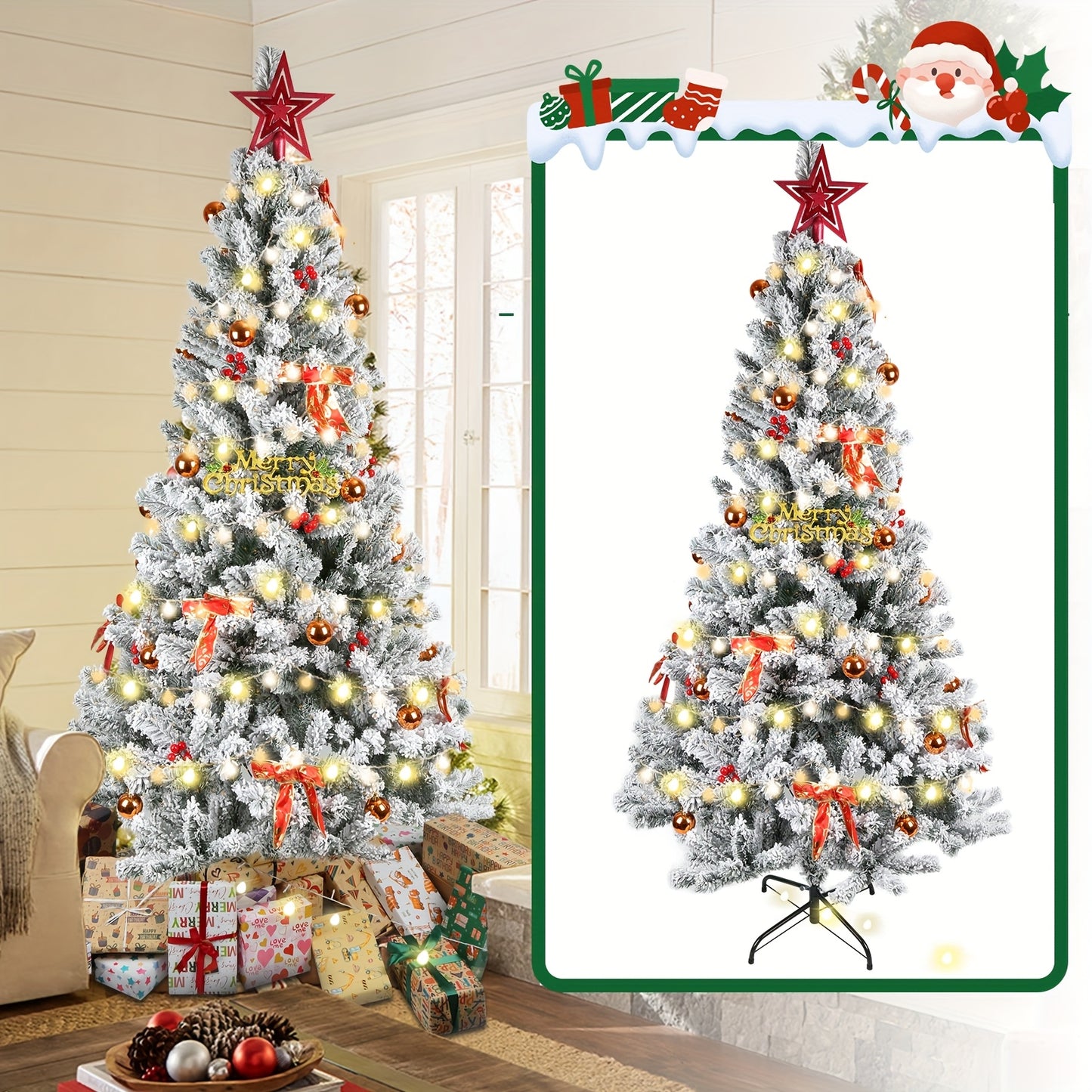 Kunstkerstboom – Kerstboom – Kunstboom – Nepkerstboom – Sierkerstboom – 210 cm Groot – Vooraf Versierd Met Flock – Met Metalen Standaard – Voor Binnen & Buiten