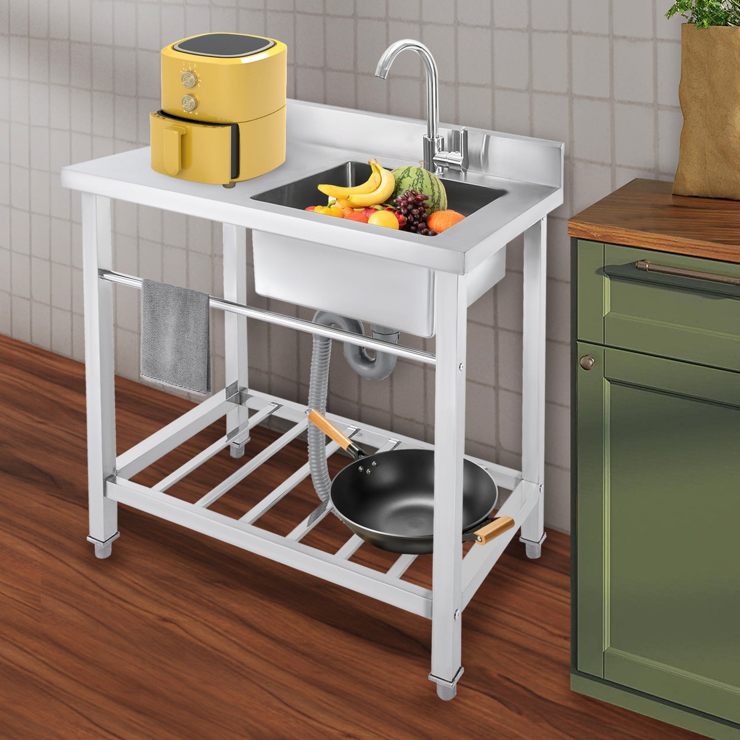 TOOL1SHOOO freestanding kitchen sink 201, stainless steel Silvery, modern rectangular design, equipped with 360° rotating faucet, X-shaped drainage guide line, suitable for kitchen, bathroom, restaurant, bar, and laundry roo