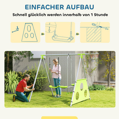 Swing Set for , 2 Swing Seats, 1 Basketball Hoop, 1 Soccer Goal, Metal Frame, Green, ' Play Equipment, ' Playground, Interactive Play Set, Fun Play Equipment, Weatherresistant Material, Safe For, Play Equipment, Sports Play S