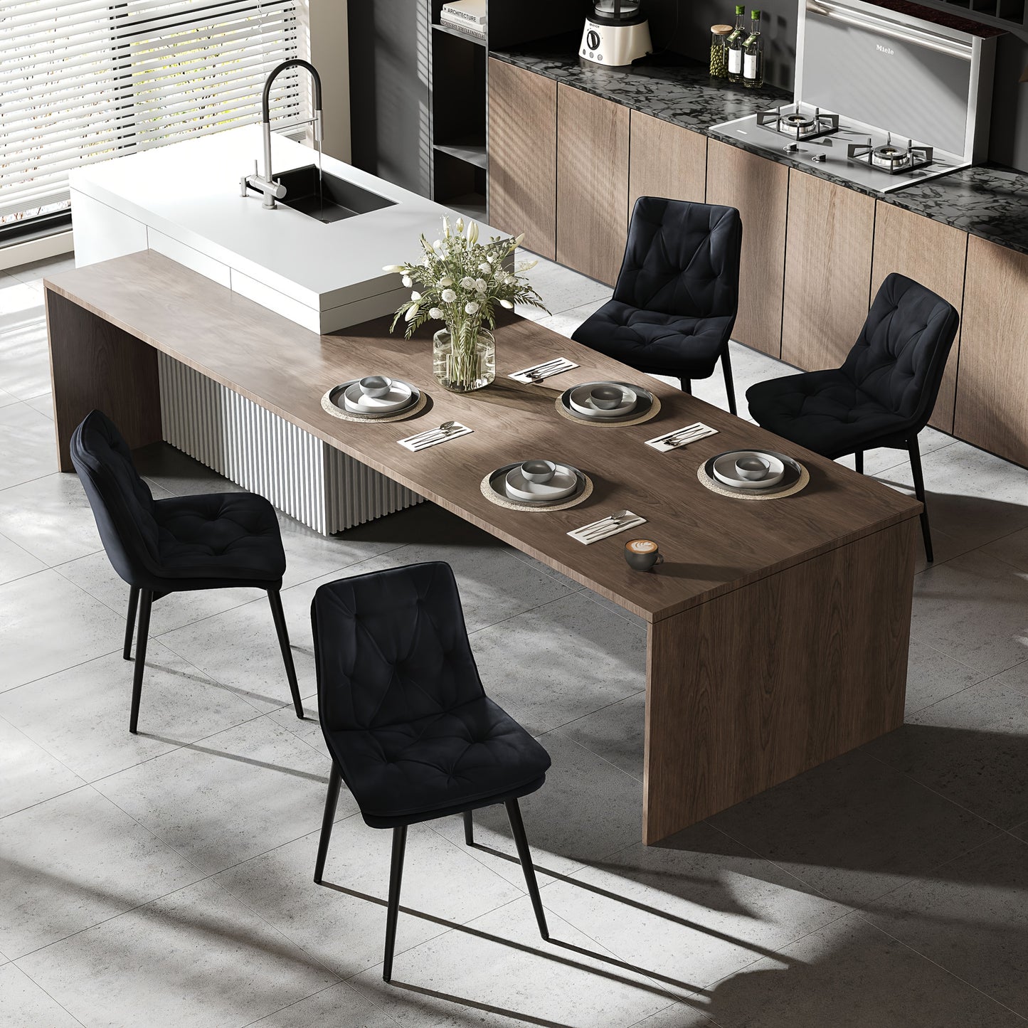 Eetkamerstoel – Stoel Zonder Armleuning – Dining Chair – Zetel – Velvet Stoel – Ergonomische Rugleuning – Dubbele Laag Zitkussen – Zwart