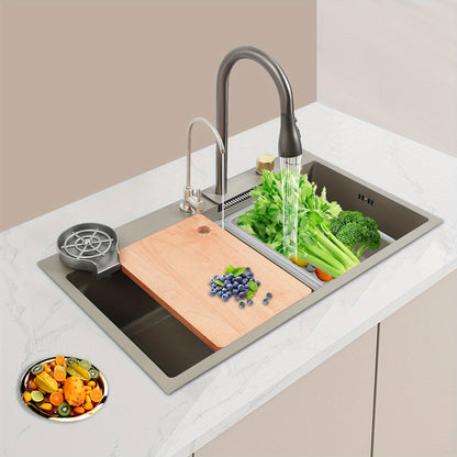 Keukenset – Spoelbak – Gootsteen – Uittrekbare Kraan – Snijplank – Roestvrij Staal 304 – Ruimtebesparende Inbouw – 3 Waterstanden