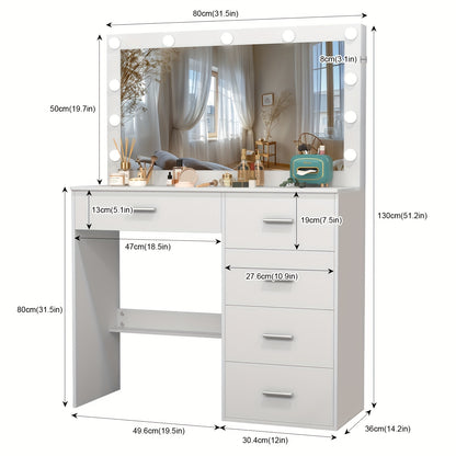 Kaptafel – Make-up Tafel – Cosmeticatafel – Opmaaktafel – Dressing Table – Wit – LED-Verlichting – 5 Lades