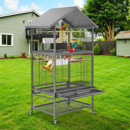 Vogelkooi – Vogelhuis – Vogelkooi Met Wieltjes – Vogelverblijf – Vogelkooi Zwart – Stevige Metaalconstructie – Mobiel Met Opbergruimte