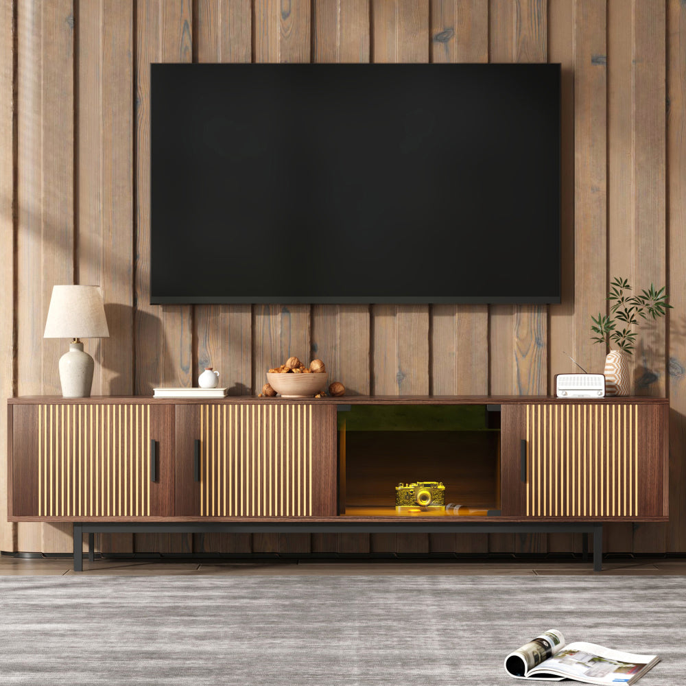 Modern Metal TV Stand with Carved Texture & Tempered Glass Doors - Low-Profile Media Console, Sturdy Metal Construction, Minimalist Entertainment with Storage Cabinet & Open Shelf for Living Room, Fits Flat-Screen TVs, Easy A