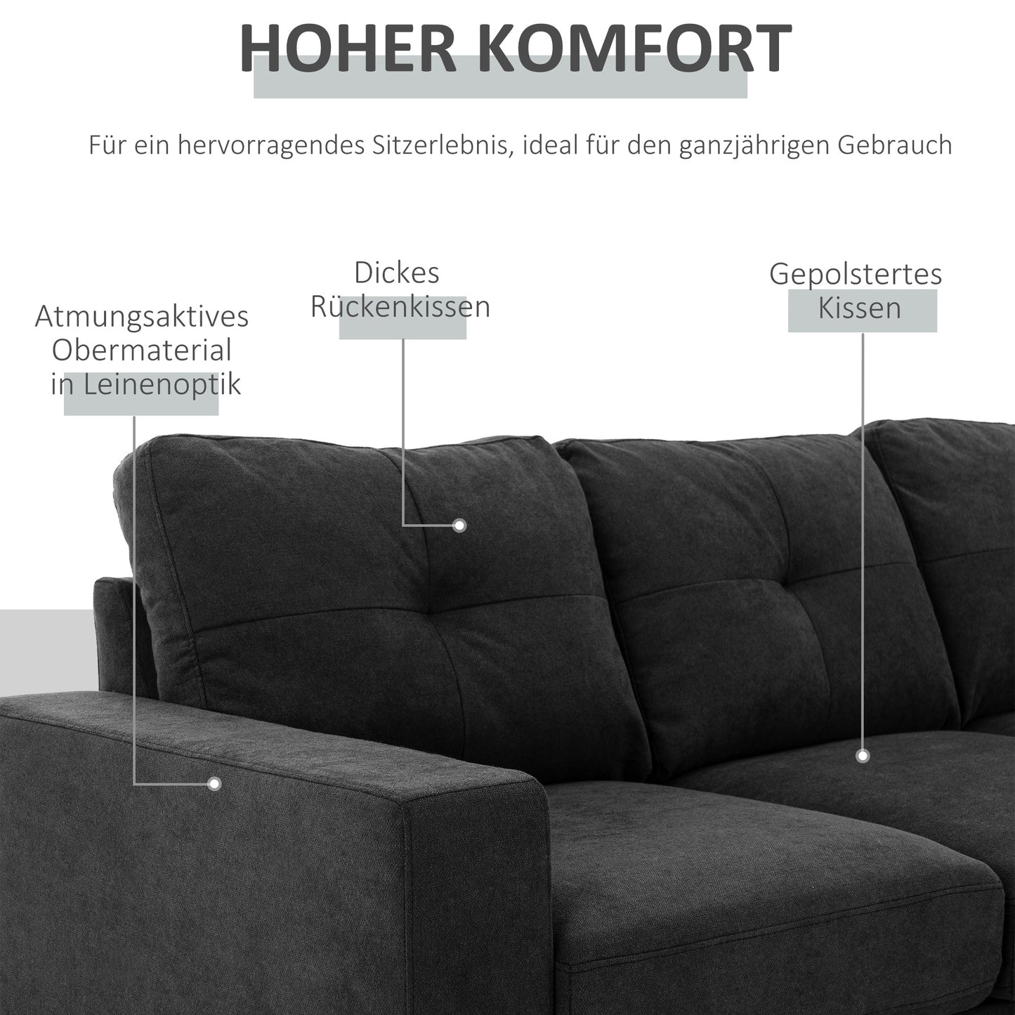 Hoekbank – 3-Zitsbank – Sofa – Loungebank – Chaise Longue – Zwart – Button Tufting – Compacte Afmetingen 193x136x85 CM