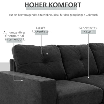 Hoekbank – 3-Zitsbank – Sofa – Loungebank – Chaise Longue – Zwart – Button Tufting – Compacte Afmetingen 193x136x85 CM