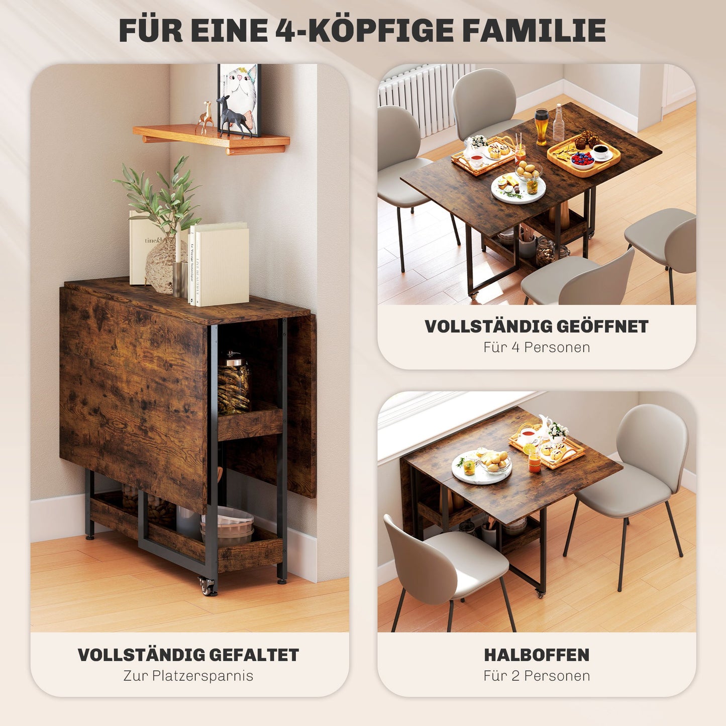 Industriële Uitschuifbare Eetkamertafel – Uitschuiftafel – Vouwtafel – Eettafel 4 Personen – Klaptafel – Metalen Onderstel – Open Opbergruimtes – Compact Bruin