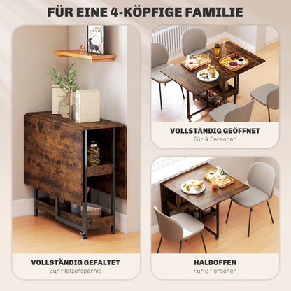 Industriële Uitschuifbare Eetkamertafel – Uitschuiftafel – Vouwtafel – Eettafel 4 Personen – Klaptafel – Metalen Onderstel – Open Opbergruimtes – Compact Bruin