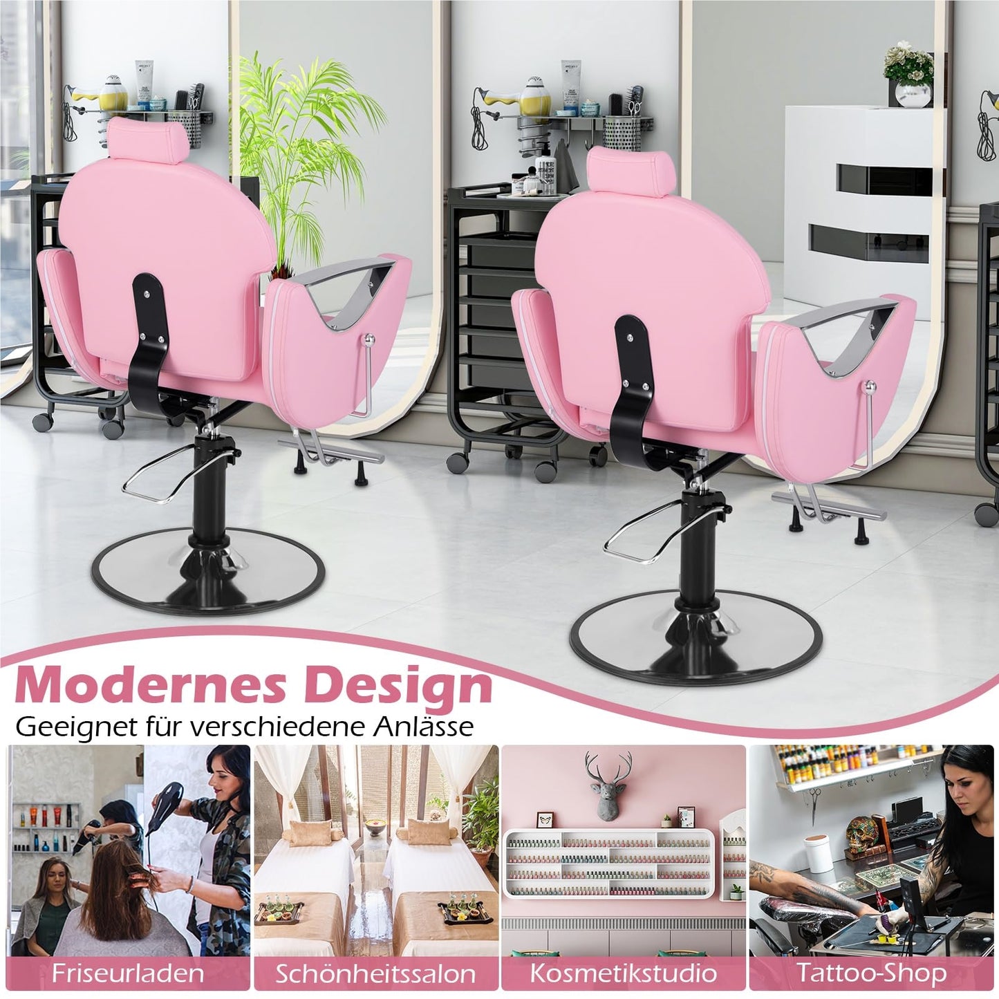 Verstelbare Barbierstoel – Kappersstoel – Schoonheidsstoel – Salonstoel – Tattoo Stoel – 360° Draaibaar – Hydraulisch Verstelbaar – Max 150Kg – Roze