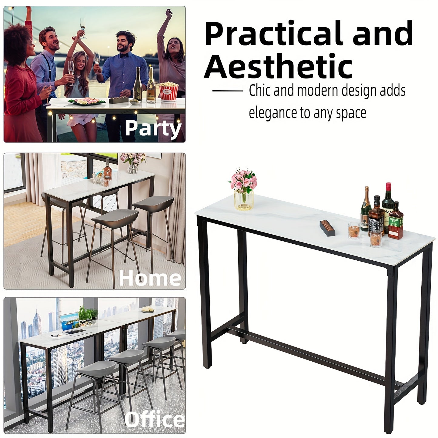Bartafel – Statafel – Keukentafel – Bistrotafel – Barmeubel – Wit Sintersteen Blad – Zwart Metalen Onderstel – 120x40x105 cm – Duurzaam & Krasbestendig