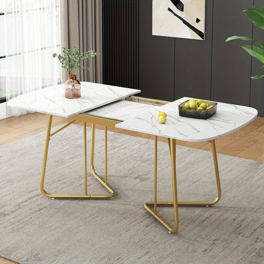 Uitbreidbare Eettafel – Tafel – Eetkamertafel – Uitklapbare Tafel – Marmer Tafel – Luxe Marmerstructuur – Gouden Metalen Poten – 140x180 cm – Geschikt voor 4-6 Personen