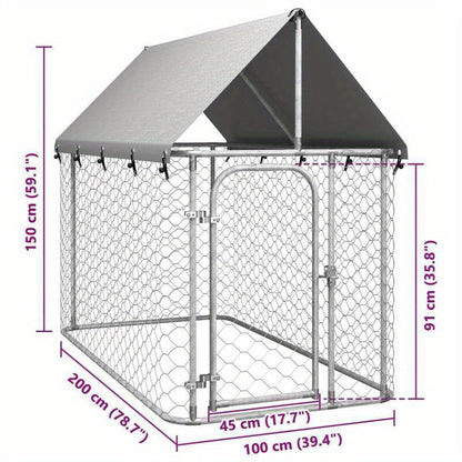 Hondenren Buiten – Hondenhok Outdoor – Hondenkooi – Hondenafscheiding – Metalen Hondenren Zilver – Met Dak – 200x100x150 cm – Stevig Weerbestendig Frame