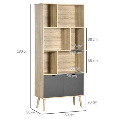 Boekenkast – Boekenrek – Opbergkast – Vakkenkast – Wandkast – Modern Design – 2 Deuren en 6 Planken – Hout en Antraciet – 80x35x180 cm