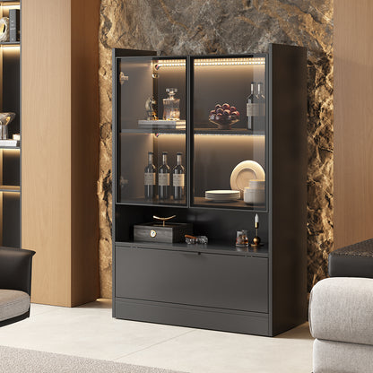Zijboard – Dressoir – Opbergkast – Vitrinekast – Kast – Mat Zwart – 120 cm Hoogte – Glazen Deuren & Klapdeuren