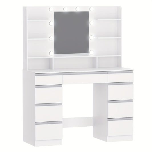 Sieradenkast – Juwelenkast – Opbergkast – Make-upkast – Spiegelkast – Grote HD Spiegel – Verstelbare 10 LED Verlichting met 3 Kleuren – MDF & Pboard – 1 Grote en 8 Kleine Laden – 9 Open Vakken – Wit/Zilverkleurig