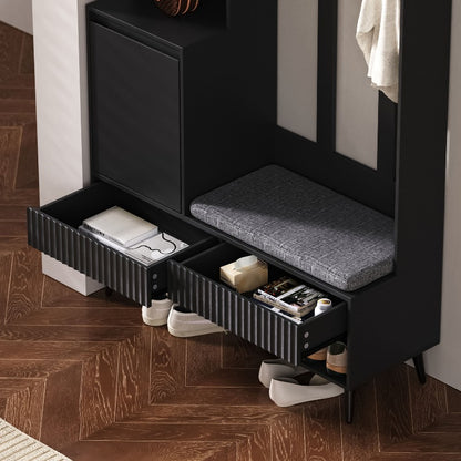 Coat Rack Entryway Hallway Storage Organizer with Shoe Bench 4 Hooks 2 Drawers 1 Door Cabinet for Home Black 100x35x180cm, Shoe Rack with Bench And Coat Hanger