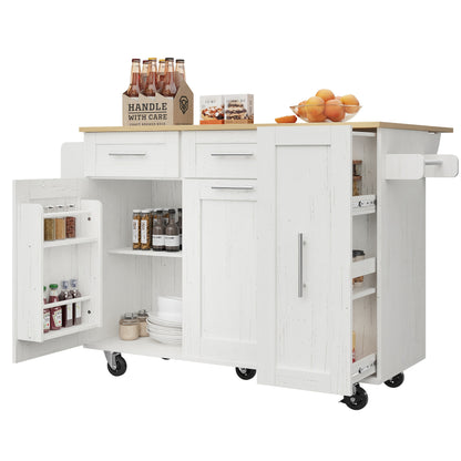 Keukeneiland – Keukenwagen – Kookeiland – Mobiele keukenkar – Werkblad op wielen – Zwenkwielen en Uitklapbare Kasten – Hardhouten, Duurzaam Design – Wit Afgelakt