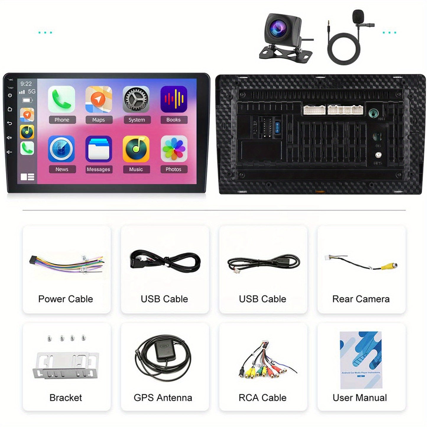 Android Autoradio – Multimedia Systeem – 2-DIN Radio – Dashboard Unit – Navigatiesysteem – 9 Inch Touchscreen – Draadloze CarPlay & Android Auto – Achteruitrijcamera Inclusief Microfoon