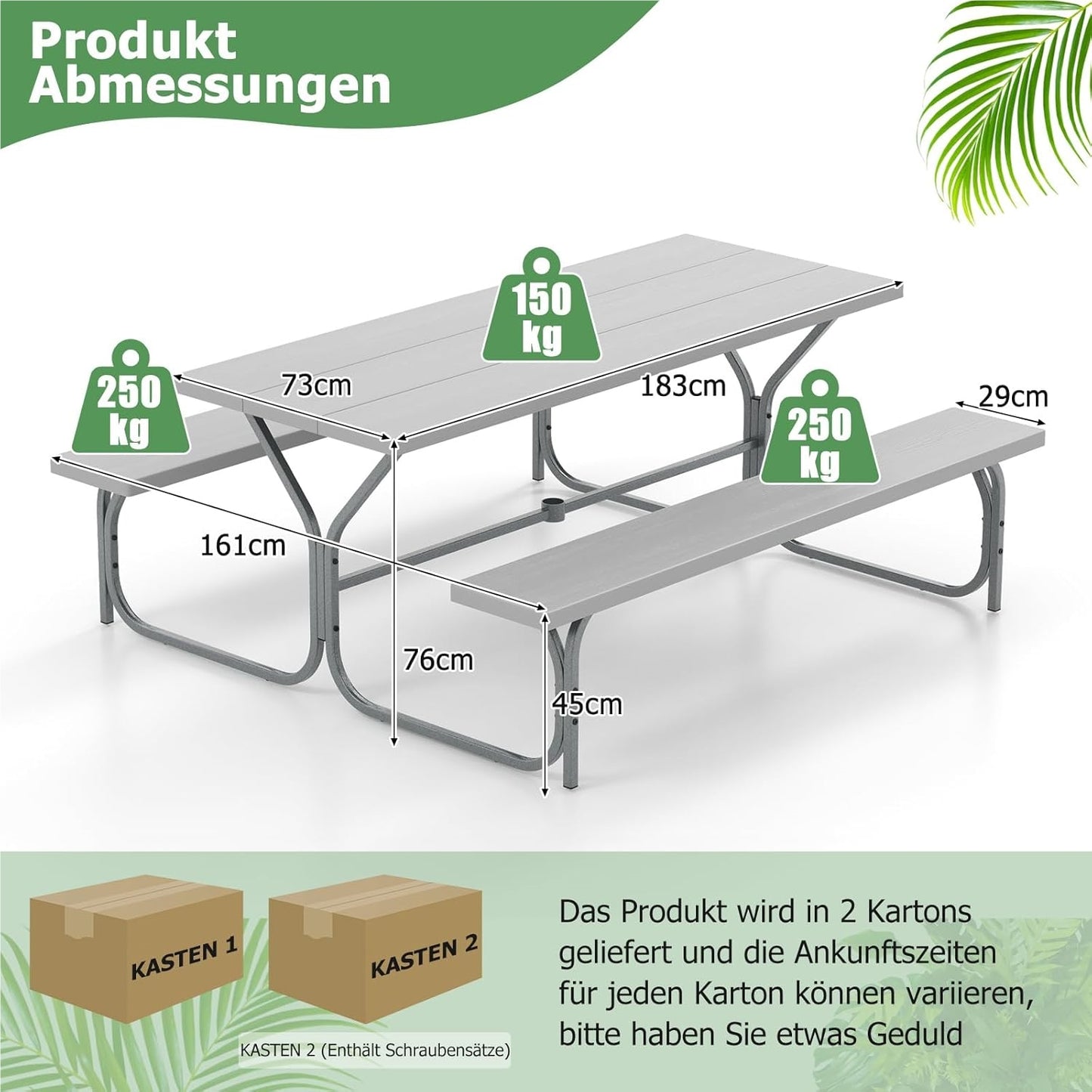Biertafeltje – Biertafel – Bierbank – Biertafelset – Biertentset – Weerbestendig HDPE Tafelblad – Inclusief Parasolhouder – Voor 6-8 Personen – Grijs