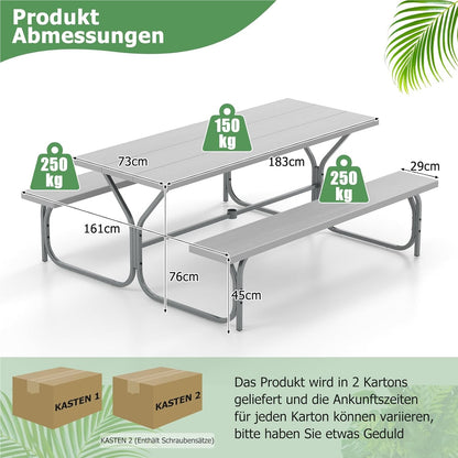 Biertafeltje – Biertafel – Bierbank – Biertafelset – Biertentset – Weerbestendig HDPE Tafelblad – Inclusief Parasolhouder – Voor 6-8 Personen – Grijs