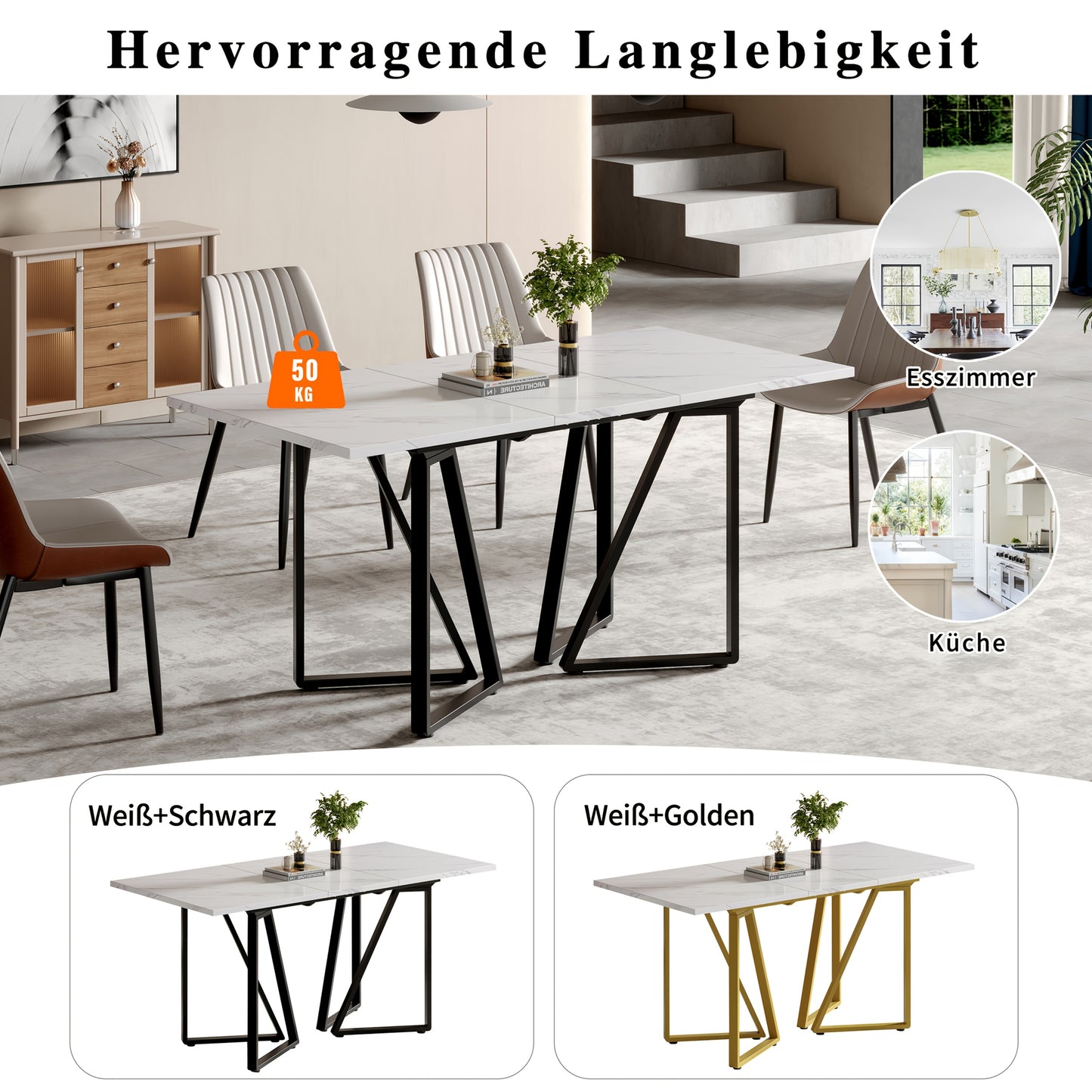 Eettafel – Eetkamertafel – Keukentafel – Uitschuiftafel – Bureaublad – Modern Design – Uittrekbaar Tafelblad – Verstelbare Pootjes – Marmerprint – MDF Wit met Gouden Accenten