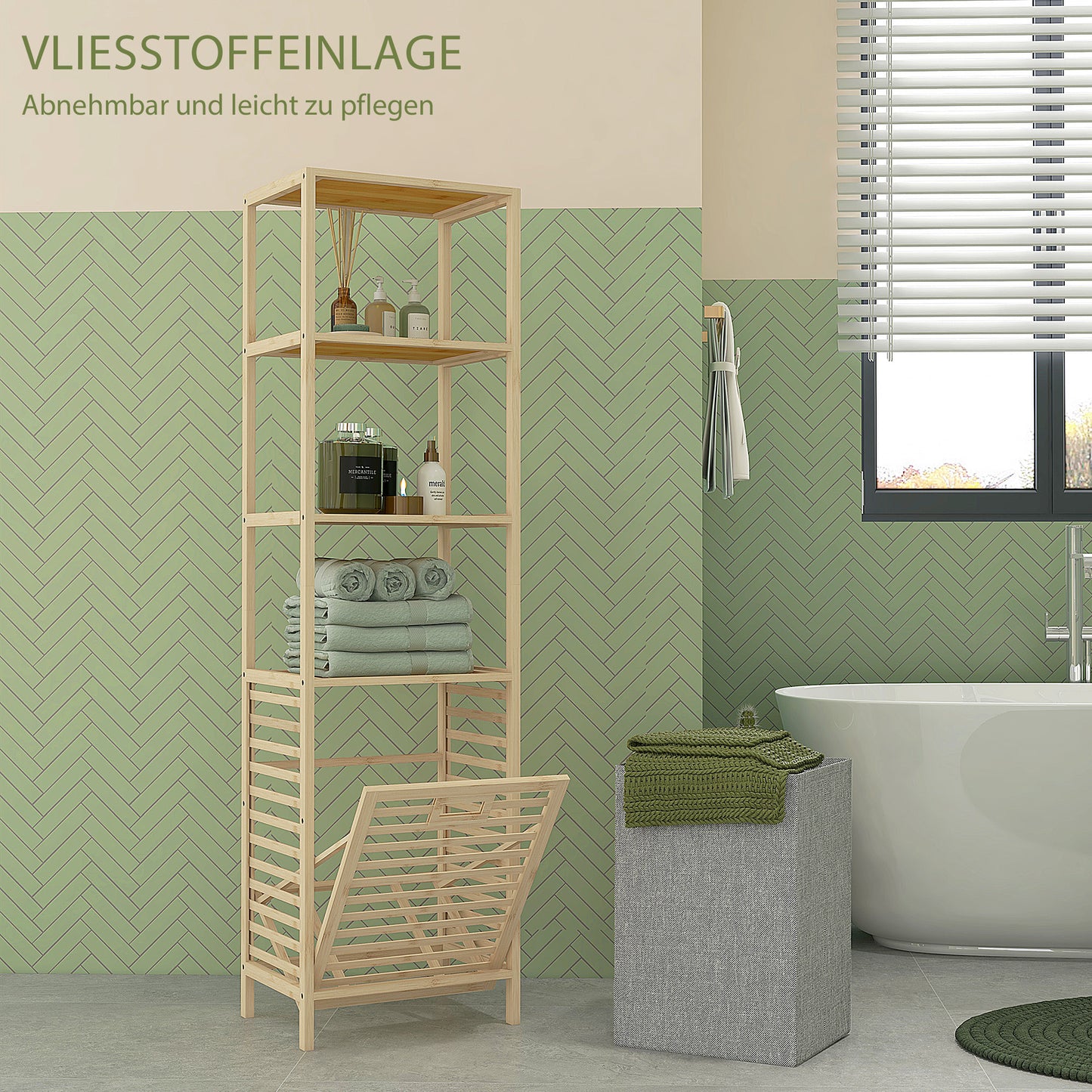Badkamerkast – Badkamermeubel – Opbergkast – Wasmandkast – Smalle Kast – Bamboe Frame – Ingebouwde Wasmand Met Afneembare Zak – Compact Hoog Design 44x33x160cm