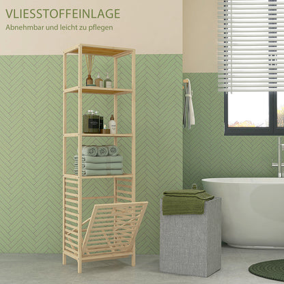 Badkamerkast – Badkamermeubel – Opbergkast – Wasmandkast – Smalle Kast – Bamboe Frame – Ingebouwde Wasmand Met Afneembare Zak – Compact Hoog Design 44x33x160cm