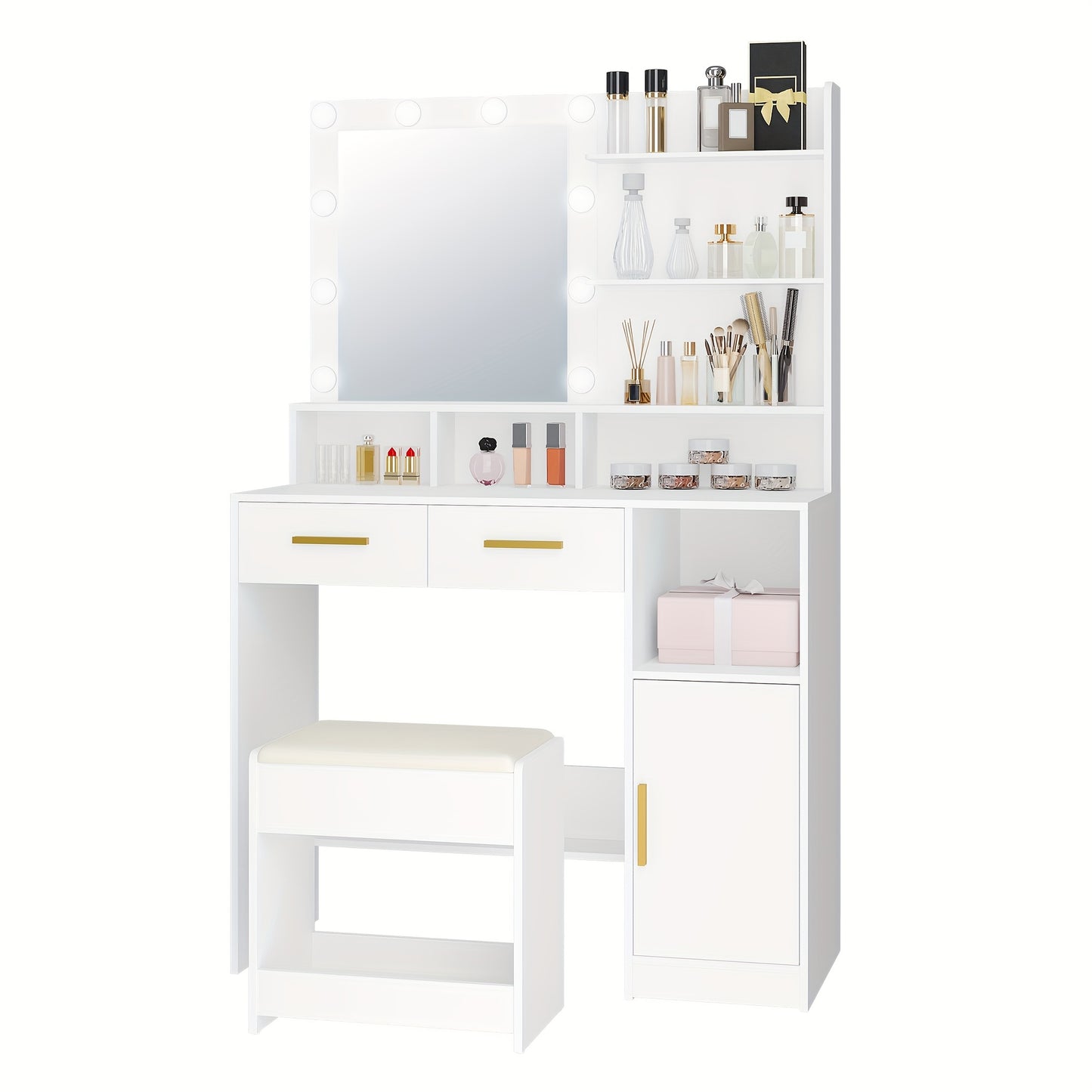Dressing Table with Stool, with Mirror And 10 LED Lights, Adjustable Brightness, Dressing Table with 2 Drawers & 1 Cabinet, White