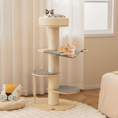 Krabpaal – Kattenkrabpaal – Kattenboom – Krabmeubel – Kattenhuis – Houten Krabpaal Met Hangmat – Dikke Sisal Krabpalen – 120 cm Hoog – Stevige Berkenmultiplex Constructie