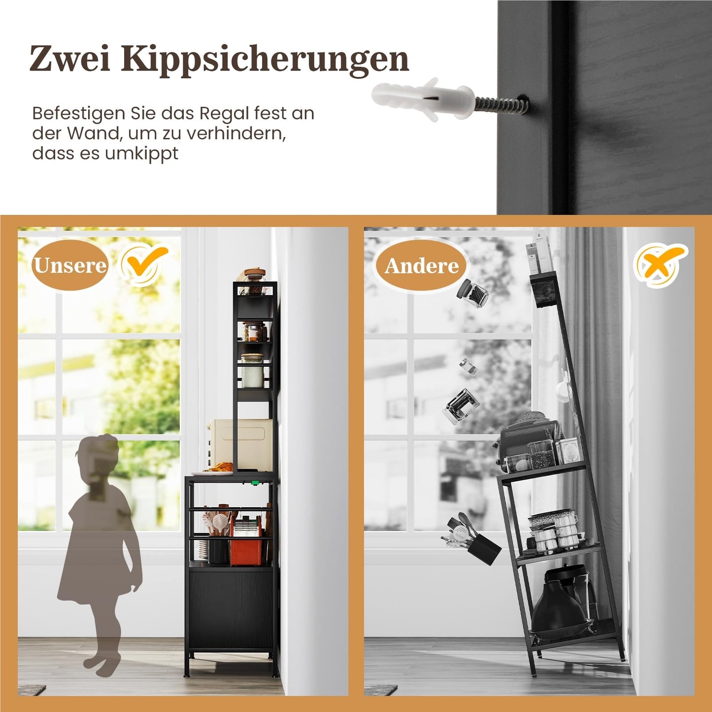 Keukenkast – Keukenrek – Wijnrek – Opbergkast – Baker’s Shelf – Ingebouwd Stopcontact & USB – Metalen Frame 80x40x170 cm Zwart