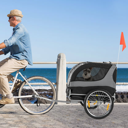 Huisdieraanhangwagen – Hondenfietsaanhanger – Huisdierfietskar – Dierentransportkar – Fietskar voor Honden Grijs – Ademend Oxford Doek – 3 Toegangsdeuren met Veiligheidsvlag en Quick Release Wielen