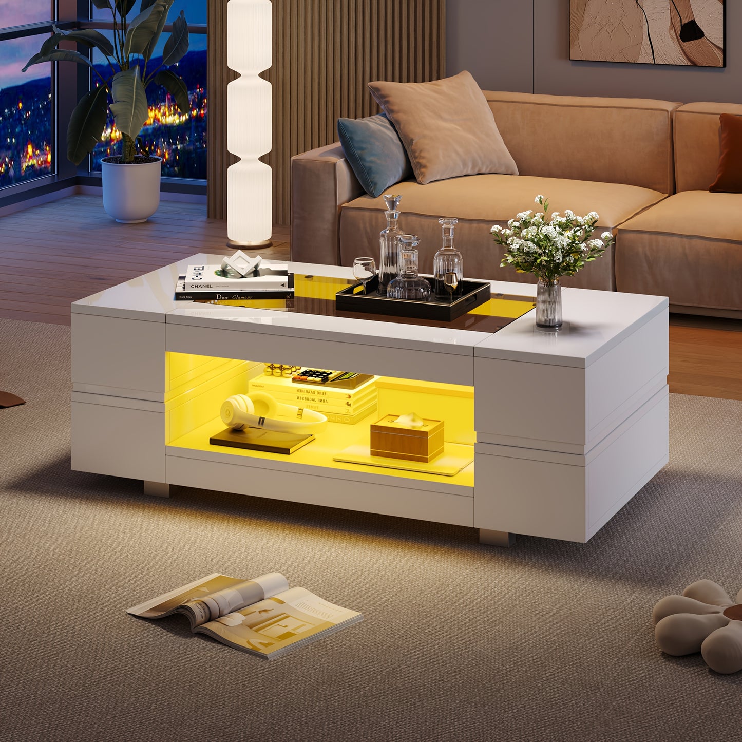 Witte Salontafel – Koffietafel – Bijzettafel – Tafel – Lounge Tafel – Moderne Open Opbergruimte – Duurzaam Bamboe – Compact & Laag (<69 cm)