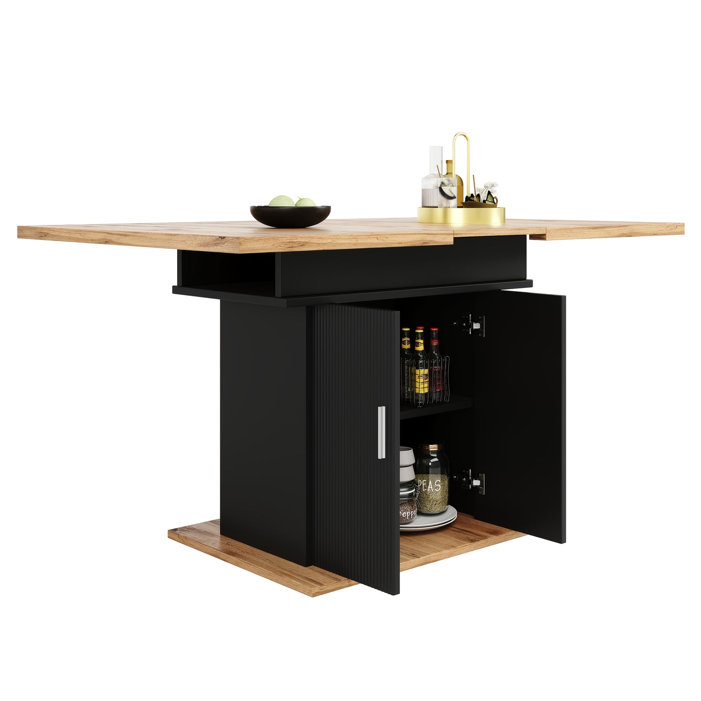 1pc Retractable Extendable Dining Table with 3-Tier Storage - Space-Saving Modern Classic Design, Bamboo & Black Finish, Manual Operation, No Assembly Required, Expandable Kitchen & Living Room Table for Small Spaces, Durable