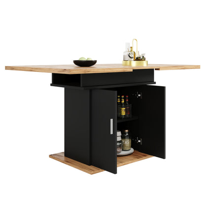 1pc Retractable Extendable Dining Table with 3-Tier Storage - Space-Saving Modern Classic Design, Bamboo & Black Finish, Manual Operation, No Assembly Required, Expandable Kitchen & Living Room Table for Small Spaces, Durable