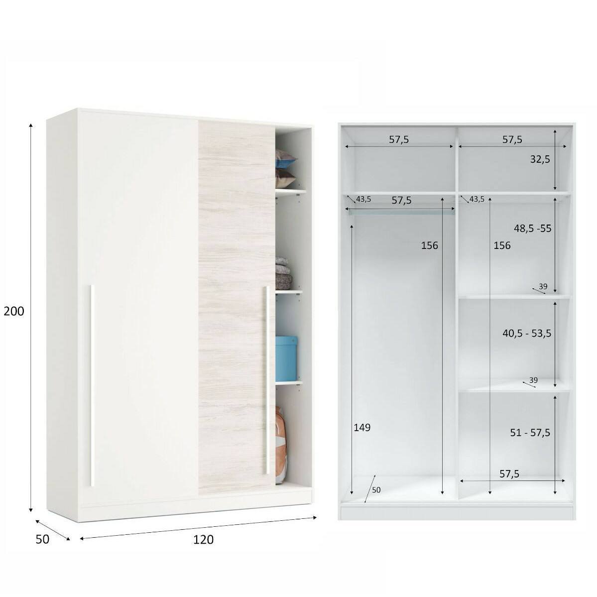 2-Door Wardrobe, Bedroom Closet with Hanging Rod and 3 Shelves, 120x50x200 cm, Available in 2 Colors