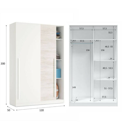 2-Door Wardrobe, Bedroom Closet with Hanging Rod and 3 Shelves, 120x50x200 cm, Available in 2 Colors