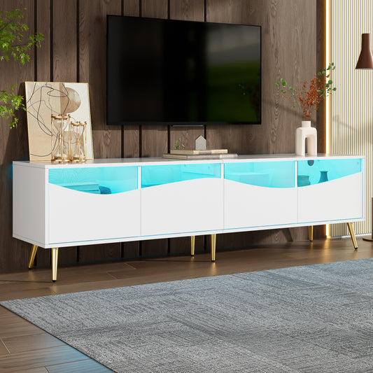 Tv-Meubel – Tv-Kast – Tv-Dressoir – Media-Meubel – Televisiekast – Mat Wit – Gouden Metalen Onderstel – Glazen Deuren – 180x40x50 CM – Kabelmanagement – Stevig & Ruim
