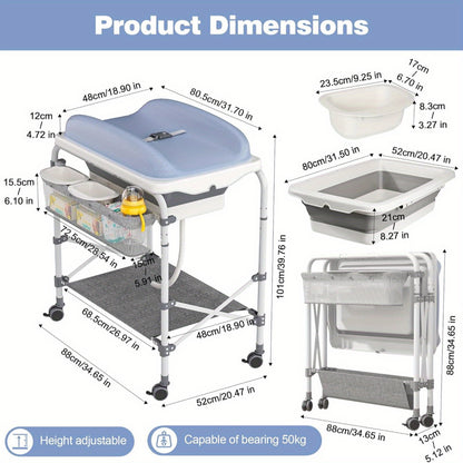 Commode – Ladekast – Opbergkast – Babykamermeubel – Verschoontafel – 4-in-1 Babyverschoontafel Met Inklapbaar Badje – Duurzaam Metaal & Oxford Stof – Max. Draagkracht 50 Kg